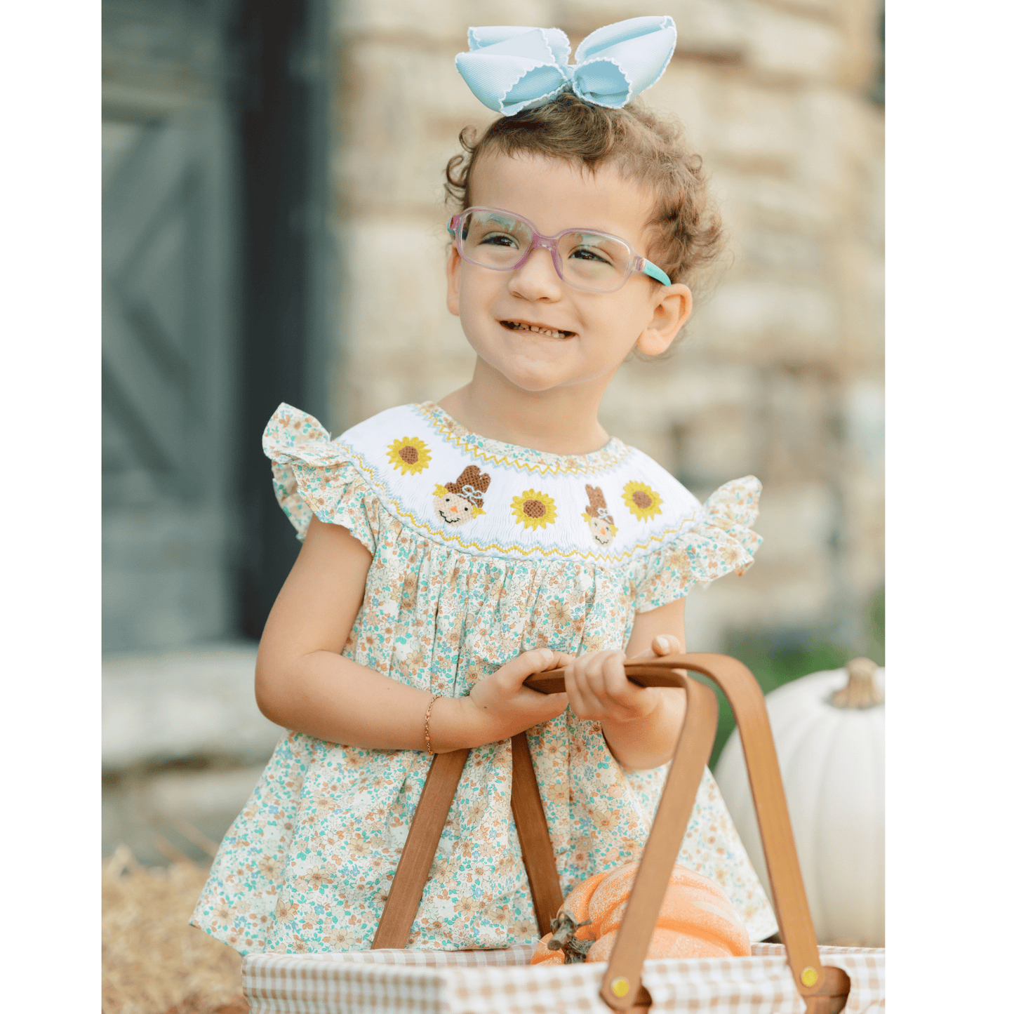 The Smocked Flamingo Children's Clothing Smocked Scarecrow and Sunflowers Short Set