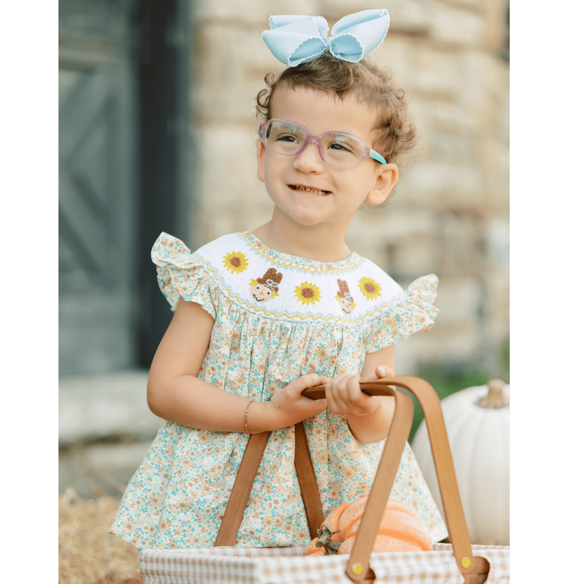 The Smocked Flamingo Children's Clothing Smocked Scarecrow and Sunflowers Short Set
