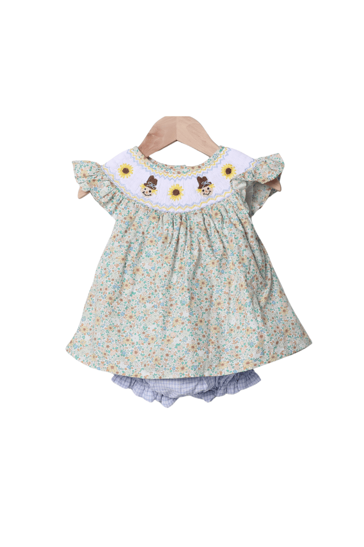 The Smocked Flamingo Children's Clothing Smocked Scarecrow and Sunflowers Skirted Bubble