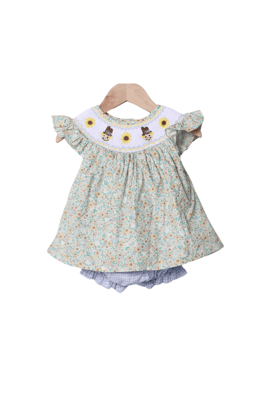 The Smocked Flamingo Children's Clothing Smocked Scarecrow and Sunflowers Skirted Bubble