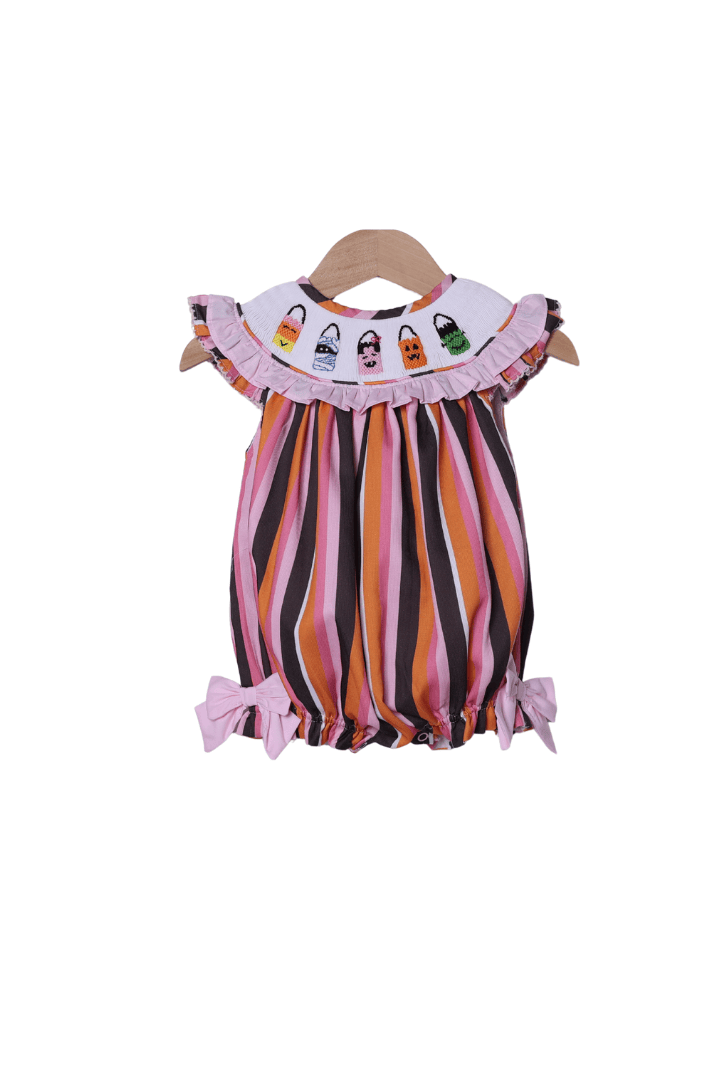The Smocked Flamingo Children's Clothing Smocked Trick or Treat Fun Striped Bubble