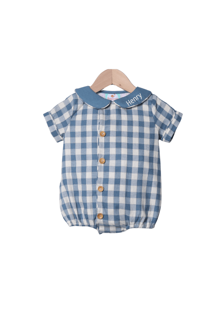 The Smocked Flamingo Children's Clothing Stone Blue Linen Buffalo Check Button Bubble