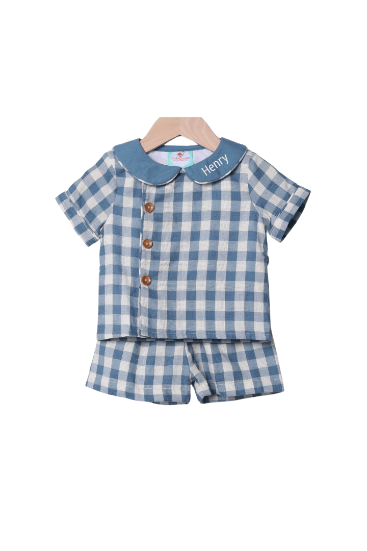 The Smocked Flamingo Children's Clothing Stone Blue Linen Buffalo Check Button Short Set