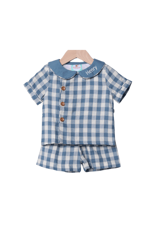 The Smocked Flamingo Children's Clothing Stone Blue Linen Buffalo Check Button Short Set