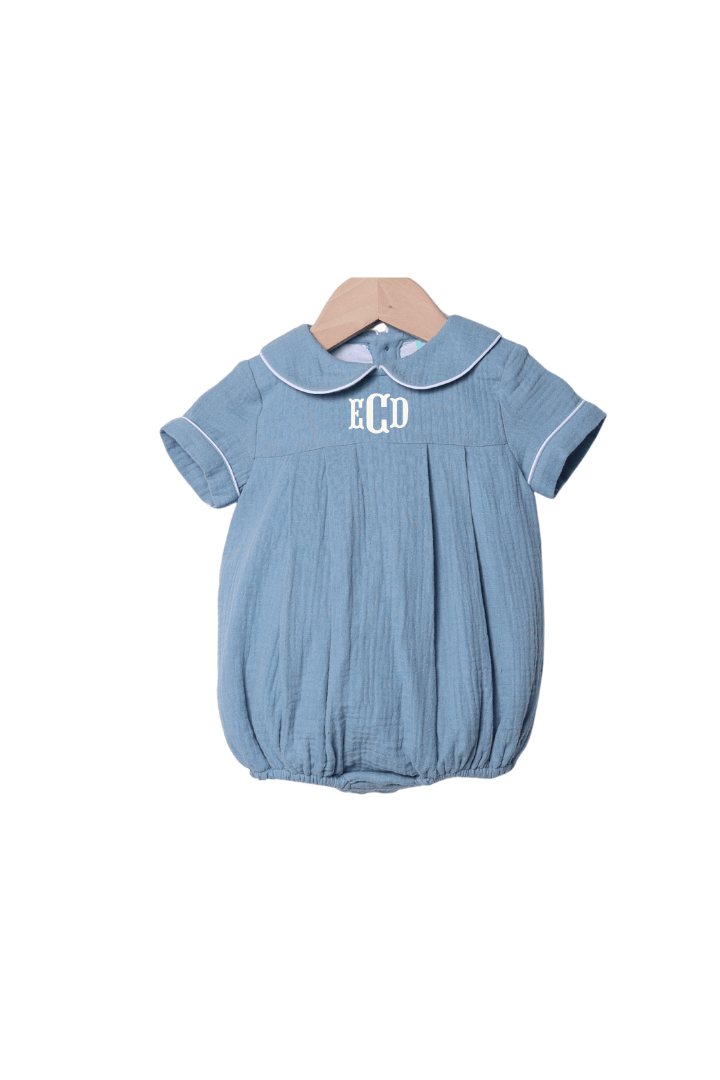 The Smocked Flamingo Children's Clothing Stone Blue Muslin Peter Pan Collar Bubble