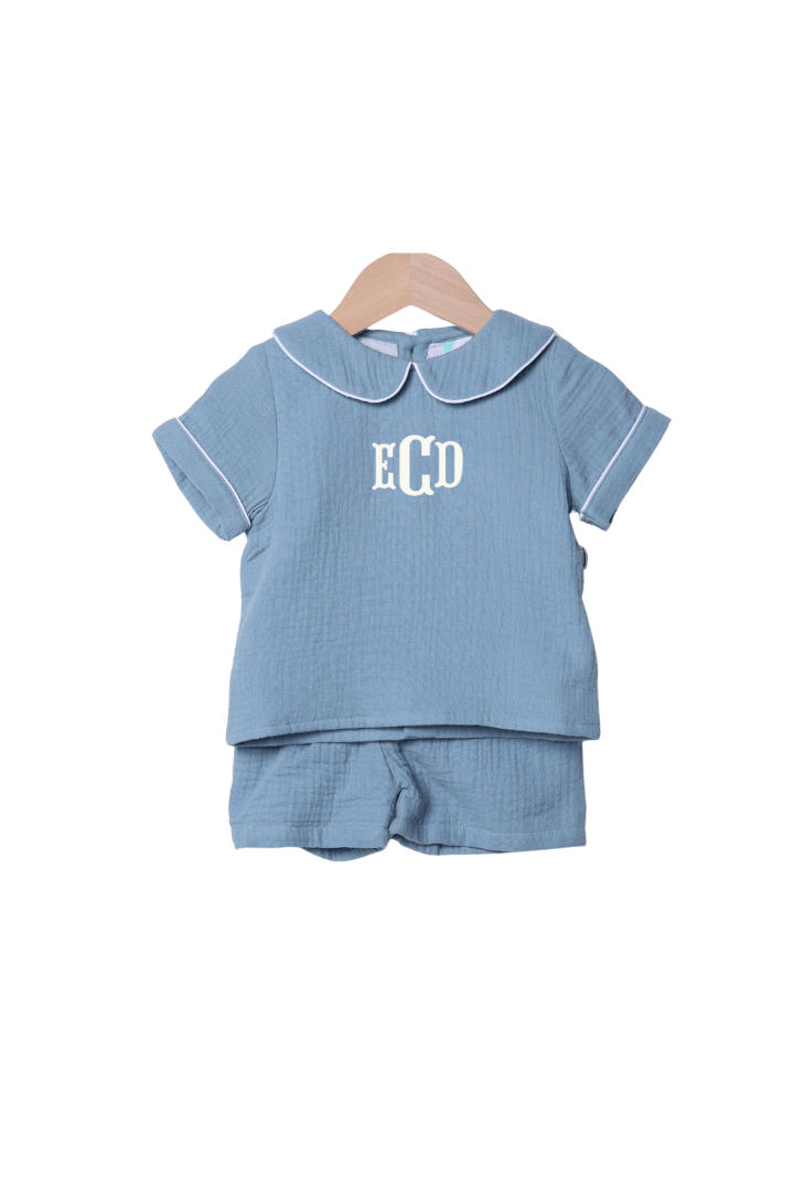 The Smocked Flamingo Children's Clothing Stone Blue Muslin Peter Pan Collar Short Set