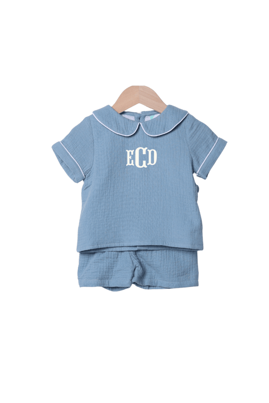 The Smocked Flamingo Children's Clothing Stone Blue Muslin Peter Pan Collar Short Set