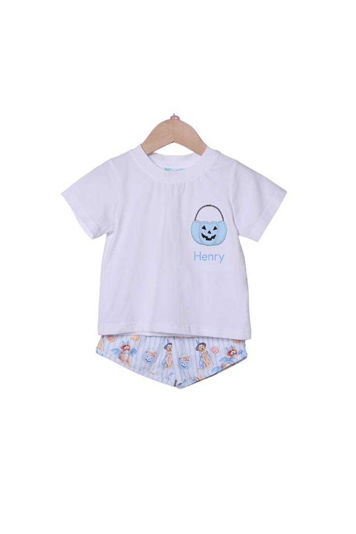 The Smocked Flamingo Children's Clothing Trick or Treat Blue Puppy Applique Short Set