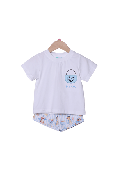 The Smocked Flamingo Children's Clothing Trick or Treat Blue Puppy Applique Short Set
