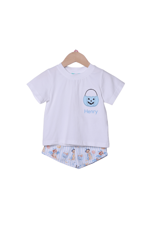 The Smocked Flamingo Children's Clothing Trick or Treat Blue Puppy Applique Short Set
