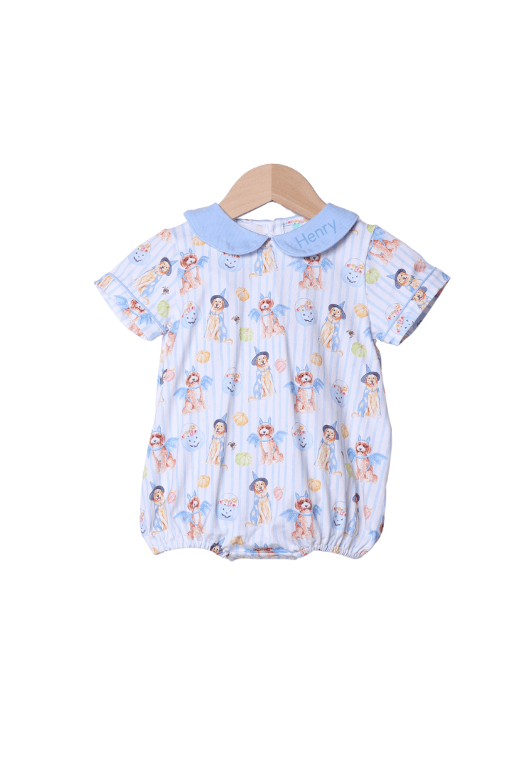 The Smocked Flamingo Children's Clothing Trick or Treat Blue Puppy Bubble