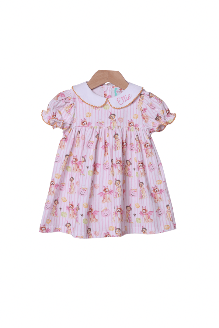 The Smocked Flamingo Children's Clothing Trick or Treat Pink Puppy Dress