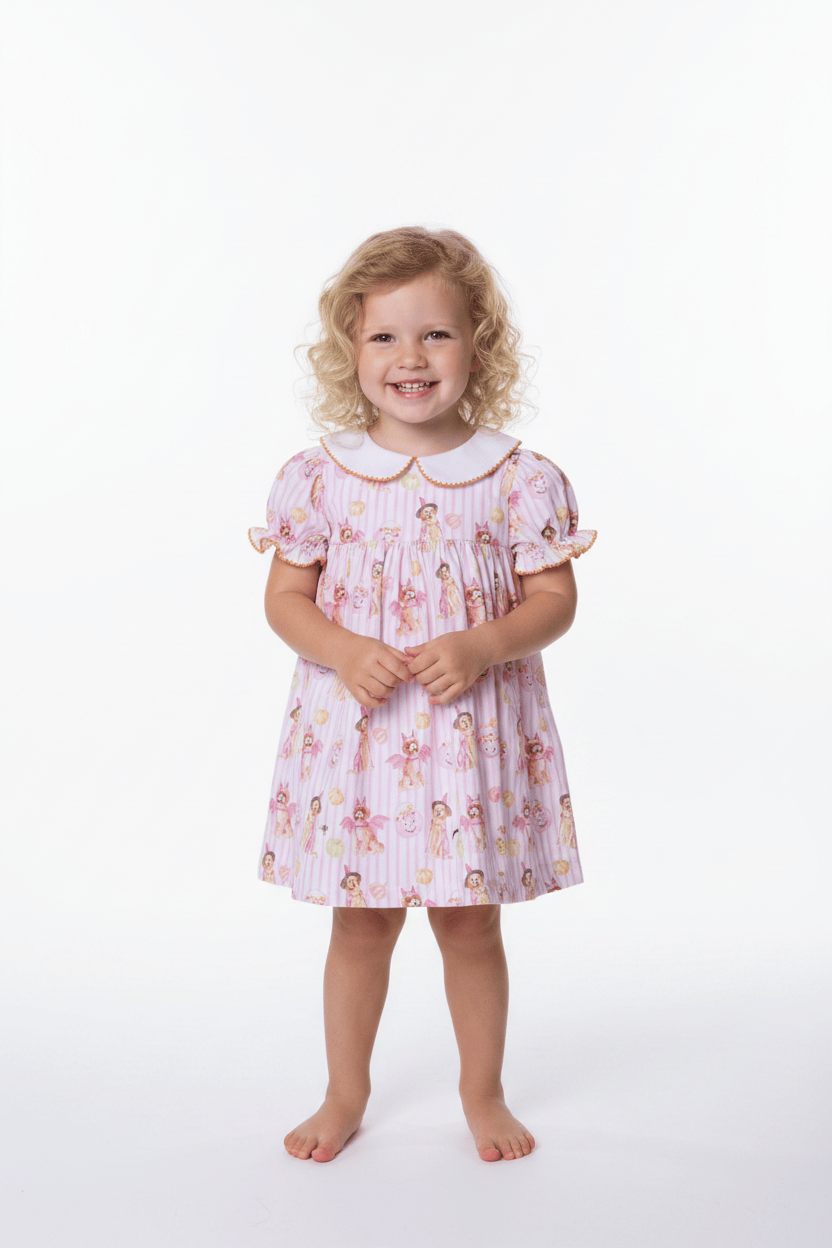 The Smocked Flamingo Children's Clothing Trick or Treat Pink Puppy Dress