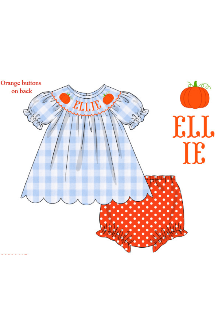 The Smocked Flamingo Copy of Pre-Order Hand Smocked Custom Blue Gingham Pumpkin Bloomer Set