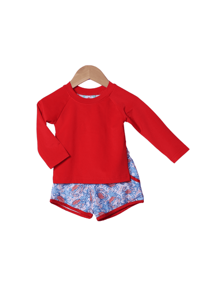 The Smocked Flamingo Crabby Cuties 2pc Rash Guard and Trunks