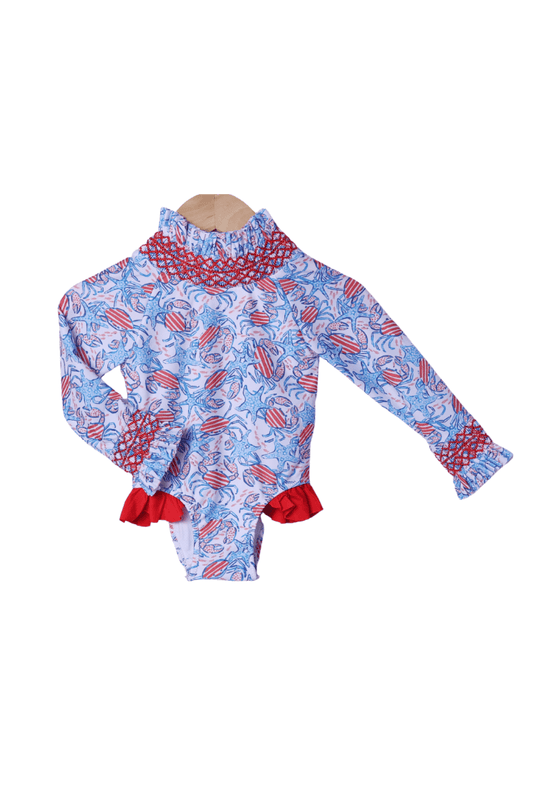 The Smocked Flamingo Crabby Cuties Smocked Swimsuit