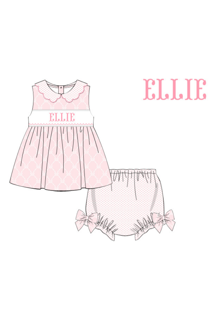 The Smocked Flamingo Custom Hand Smocked Custom Name Pink Bow Trellis Bloomer Set