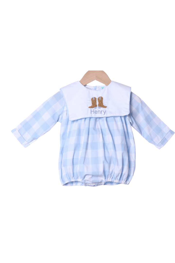 The Smocked Flamingo Embroidered Cowboy Boots Gingham Bubble