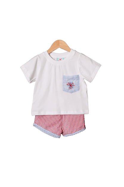 The Smocked Flamingo Embroidered Firework Seersucker Short Set