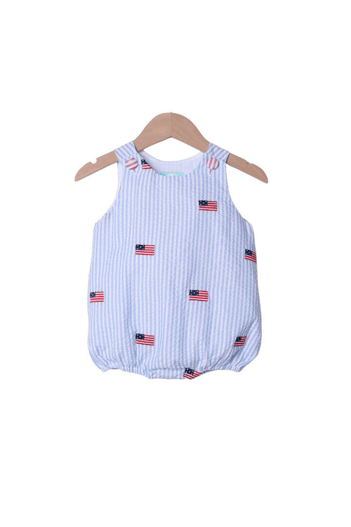The Smocked Flamingo Embroidered Flag Seersucker Bubble