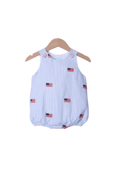 The Smocked Flamingo Embroidered Flag Seersucker Bubble