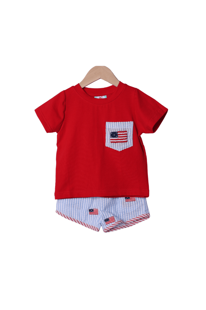 The Smocked Flamingo Embroidered Flag Seersucker Short Set