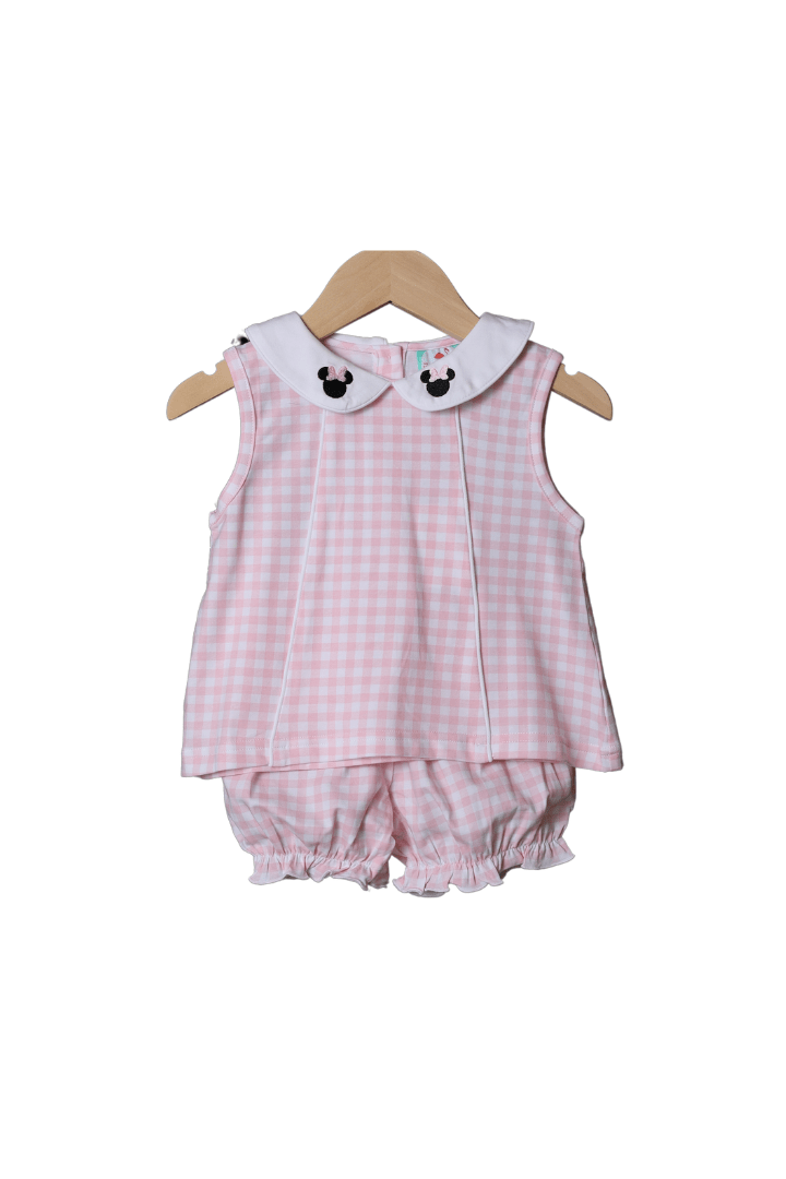 The Smocked Flamingo Embroidered Mouse Pink Gingham Bloomer Set