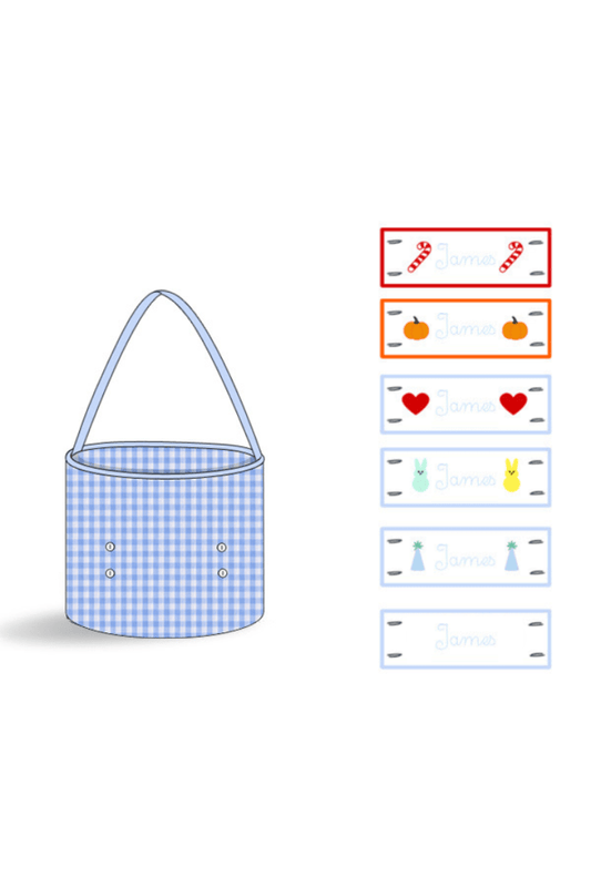 The Smocked Flamingo Embroidered Tab Interchangeable Blue Gingham Treat Basket