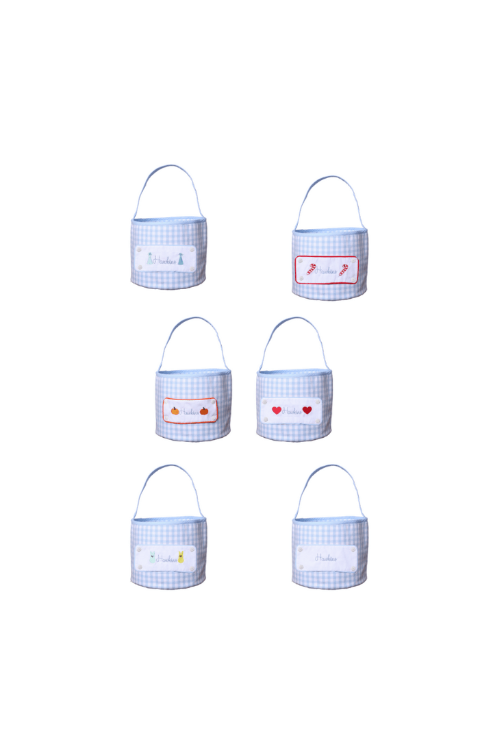 The Smocked Flamingo Embroidered Tab Interchangeable Blue Gingham Treat Basket