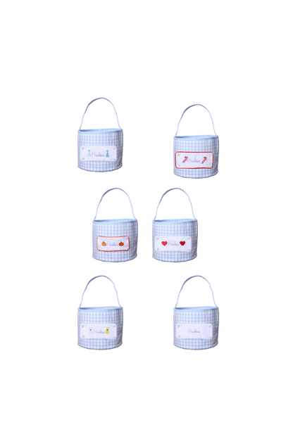 The Smocked Flamingo Embroidered Tab Interchangeable Blue Gingham Treat Basket