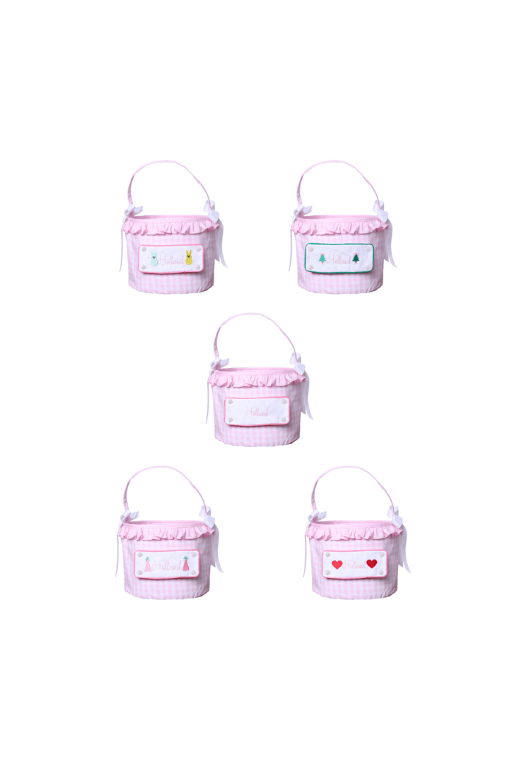 The Smocked Flamingo Embroidered Tab Interchangeable Pink Gingham Treat Basket
