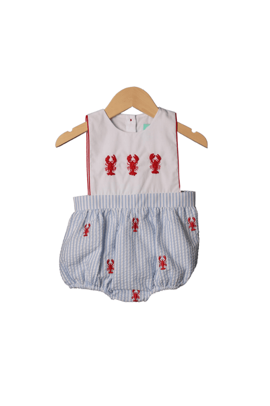 The Smocked Flamingo French Knot/Embroidered Lobster Blue Seersucker Bubble