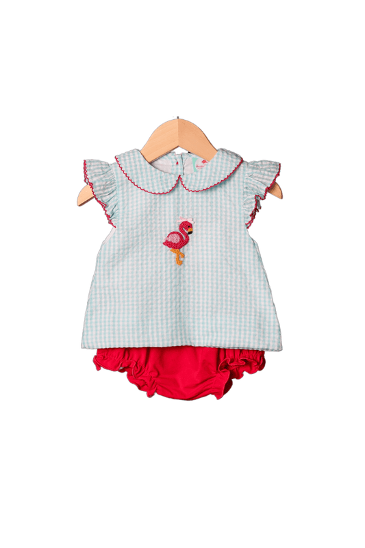 The Smocked Flamingo French Knot Flamingo Turquoise Seersucker Bloomer Set