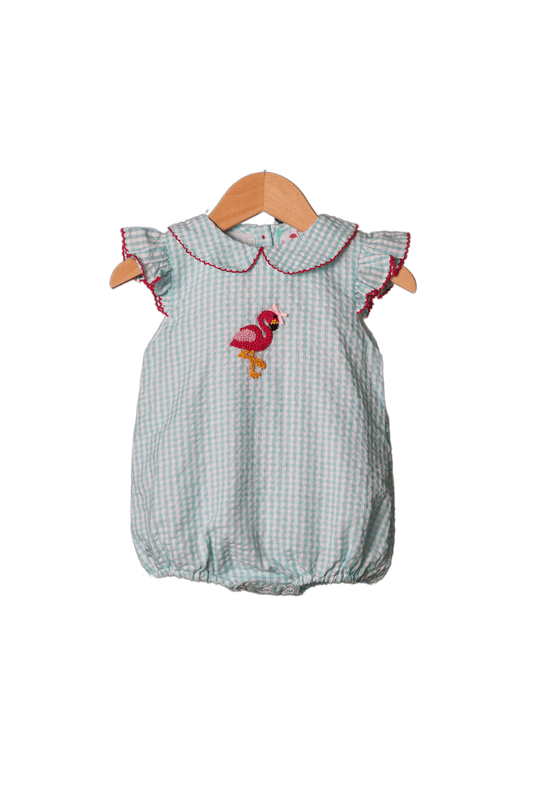 The Smocked Flamingo French Knot Flamingo Turquoise Seersucker Bubble