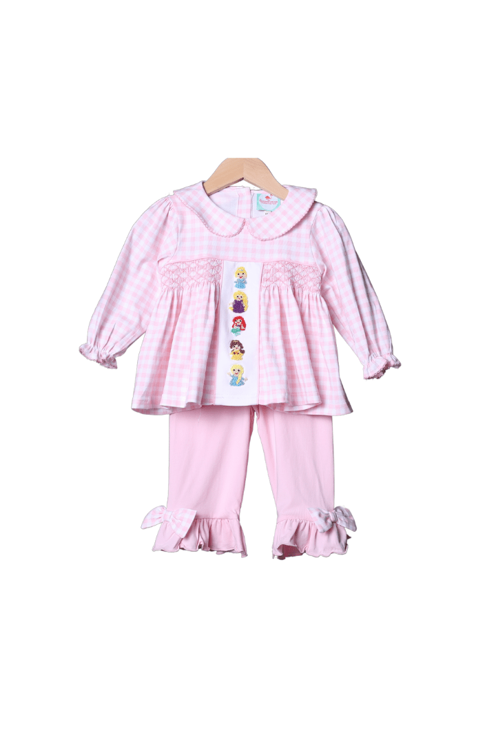 The Smocked Flamingo French Knot Gingham Princess Pant Set