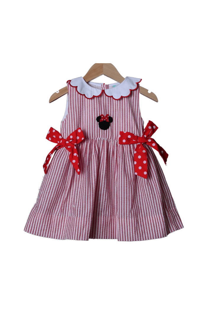 The Smocked Flamingo French Knot Mouse Red Seersucker Dress