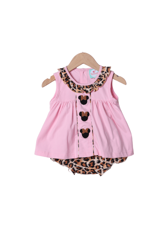 The Smocked Flamingo French Knot Pink Mouse Leopard Bloomer Set