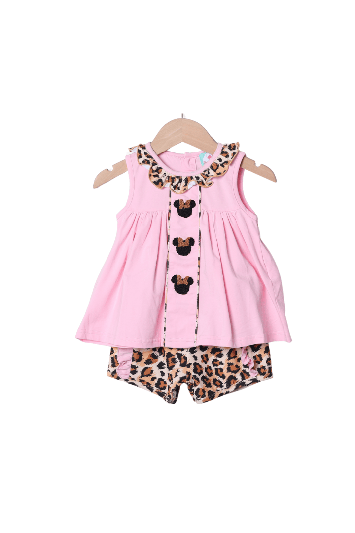 The Smocked Flamingo French Knot Pink Mouse Leopard Short Set