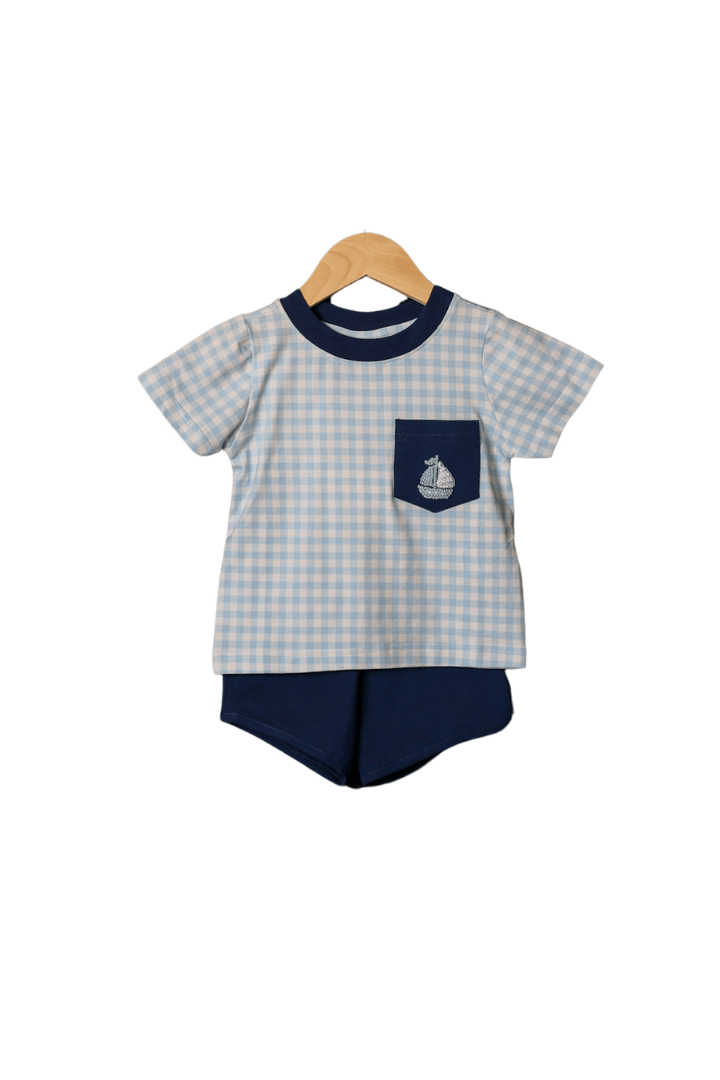 The Smocked Flamingo French Knot Sailboat Blue Gingham Short Set