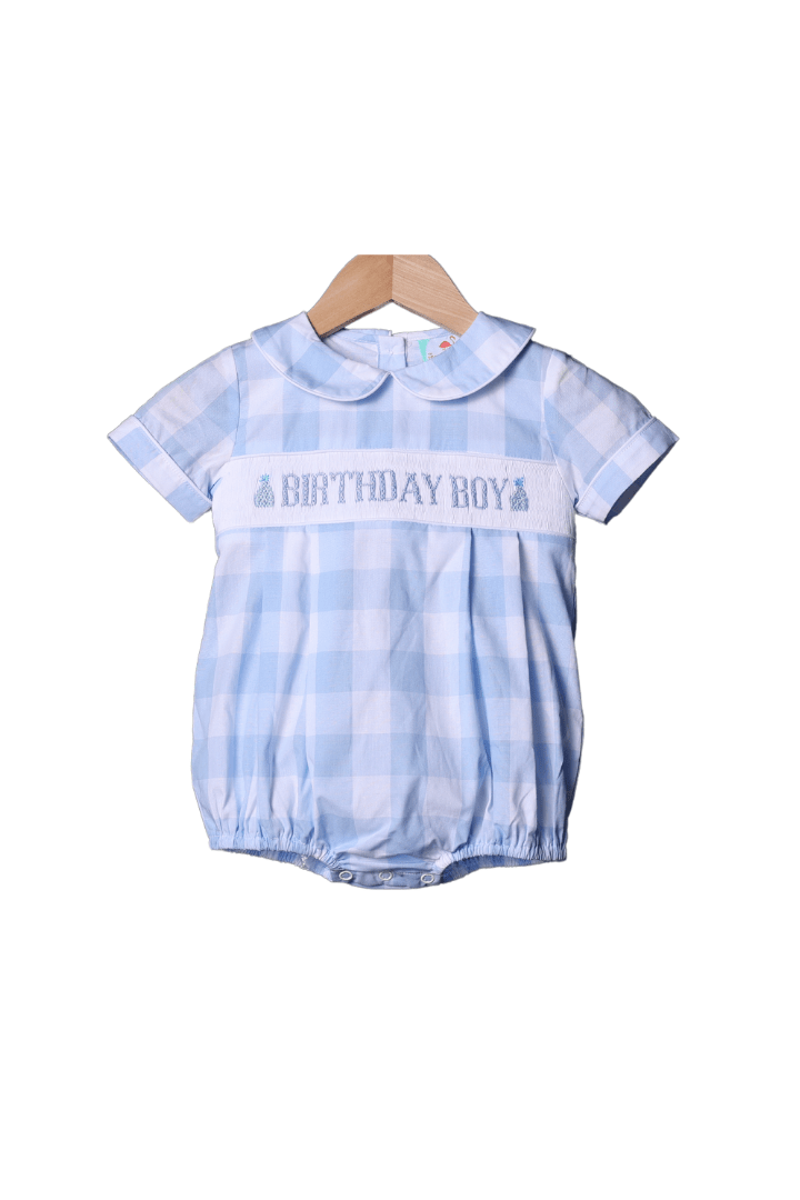 The Smocked Flamingo Hand Smocked Birthday Boy Gingham Bubble