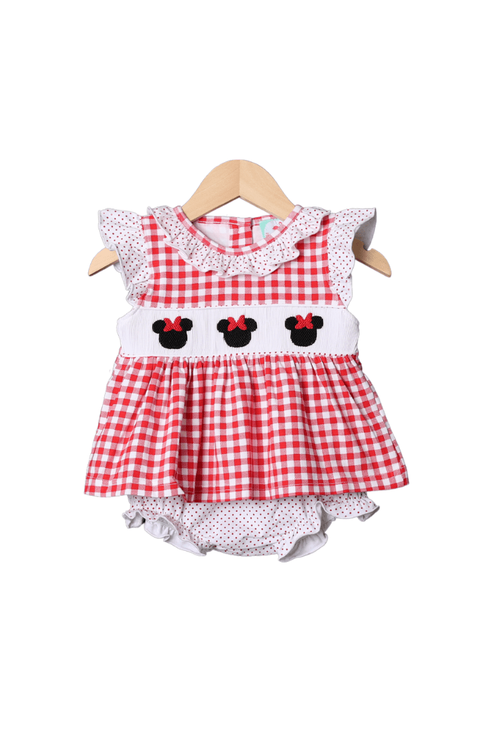 The Smocked Flamingo Hand Smocked Bitty Dot and Gingham Mouse Bloomer Set