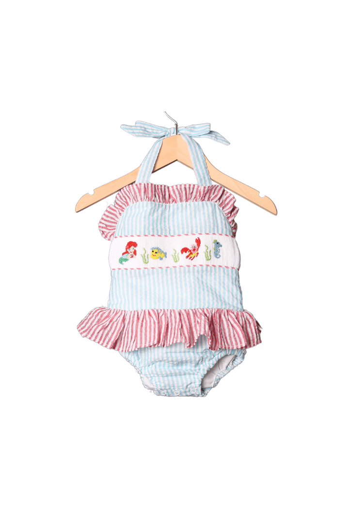 The Smocked Flamingo Hand Smocked Mermaid Seersucker Swimsuit