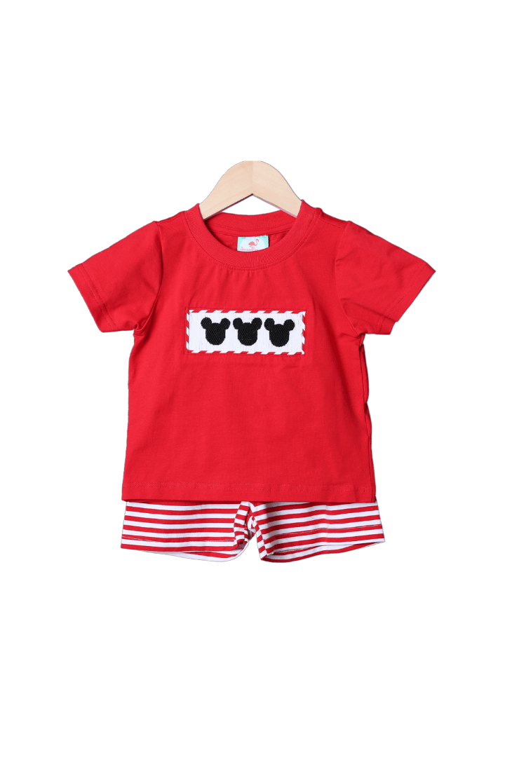 The Smocked Flamingo Hand Smocked Mouse Red Stripe Set