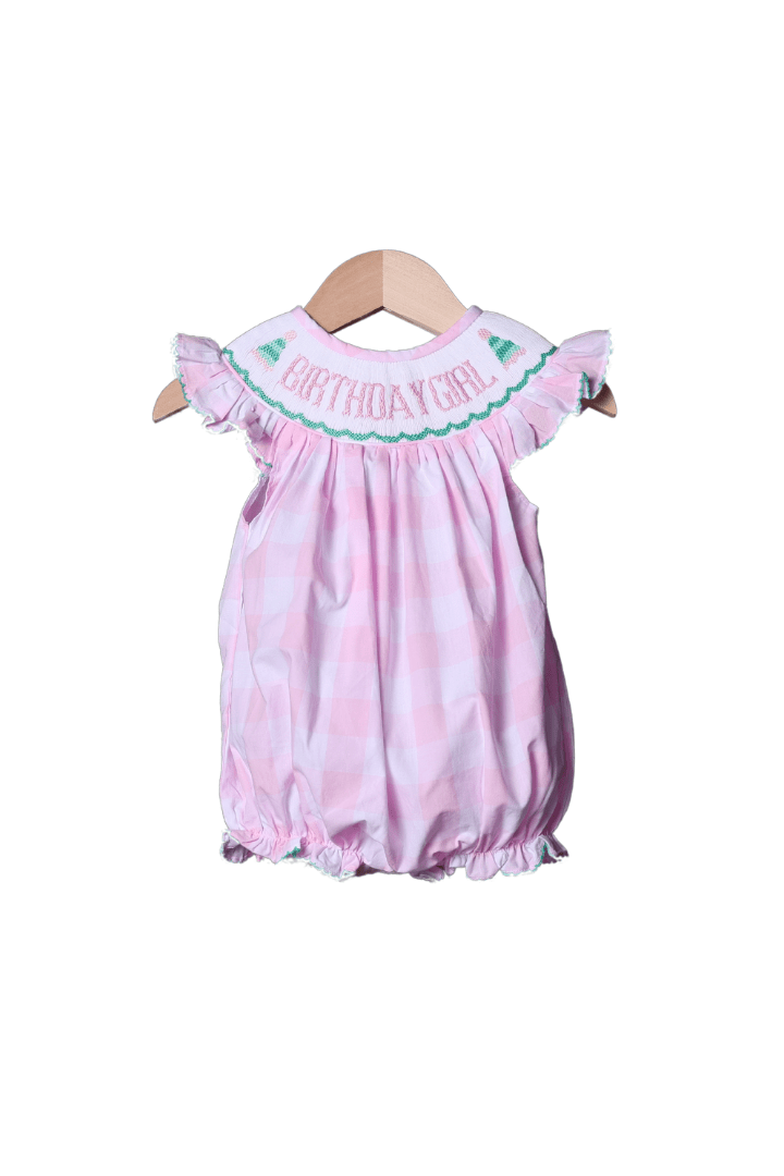 The Smocked Flamingo Hand Smocked Pink Gingham Birthday Girl Bubble (Pink writing)