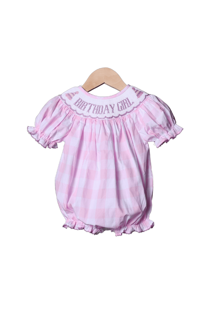 The Smocked Flamingo Hand Smocked Pink Gingham Birthday Girl Bubble (Purple Writing)