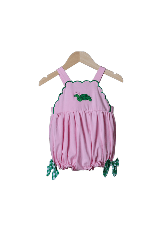 The Smocked Flamingo Hand Stitched Turtle Pink/Green Knit Bubble