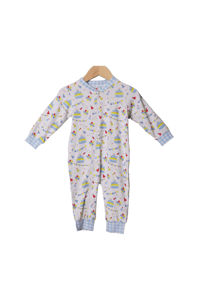 The Smocked Flamingo Happy Birthday Boy Knit Zippy Pajamas