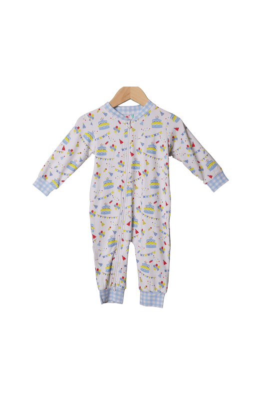 The Smocked Flamingo Happy Birthday Boy Knit Zippy Pajamas