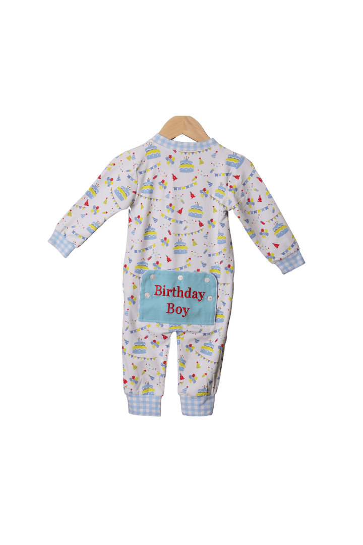 The Smocked Flamingo Happy Birthday Boy Knit Zippy Pajamas