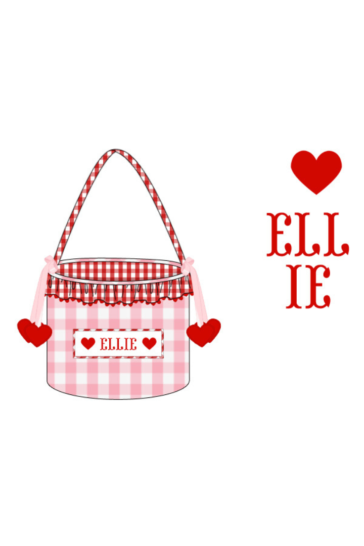 The Smocked Flamingo Mint Gingham Pre-Order Hand Smocked Custom Name Pink Gingham Sweetheart Valentine Basket